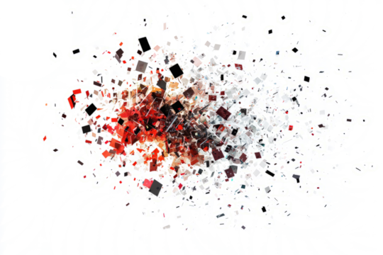 Abstract digital pixels breaking apart in a fragmented explosion, isolated on a white background