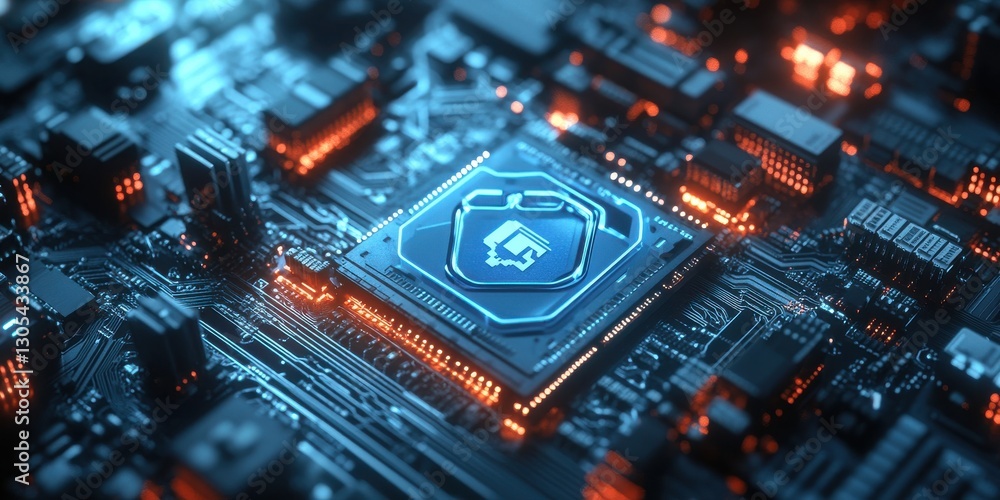 Poster stunning close-up of a modern microprocessor on a complex circuit board with illuminated components 