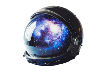 An astronaut helmet with a galaxy swirling inside , glowing, white background