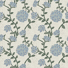 Minimalist contemporary floral seamless pattern. Mosaic of blue hydrangea flowers. Suitable for print, poster, postcards, web design, wallpaper. Vector. Vintage background.