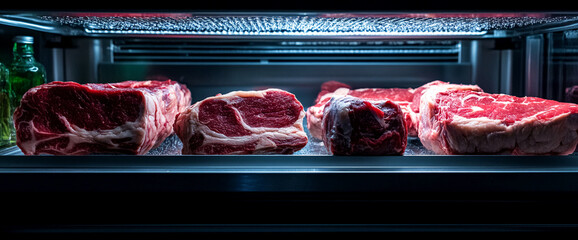 Fresh raw beef steaks in a meat fridge with a clean display. The image showcases the freshness and quality of the meat, symbolizing the importance of proper storage in butcher shops.