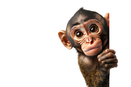monkey peeking out with a playful smile, holding onto the edge, isolated on white