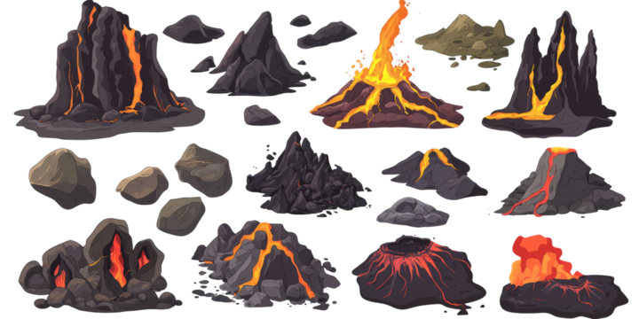 volcanic terrain elements, including lava flows, active craters, and blackened rocky slopes,white background