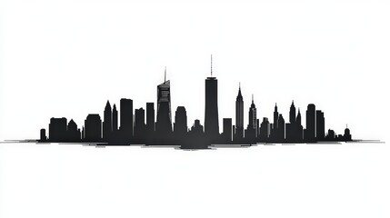 Naklejka premium Cityscape Silhouette: An artistic depiction of a modern city skyline, featuring iconic skyscrapers against a stark white backdrop, rendered in shadow.