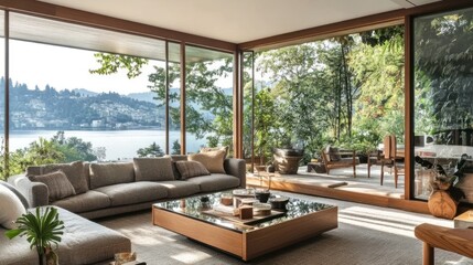 Fototapeta premium Modern living room overlooking lake and mountains. Interior design