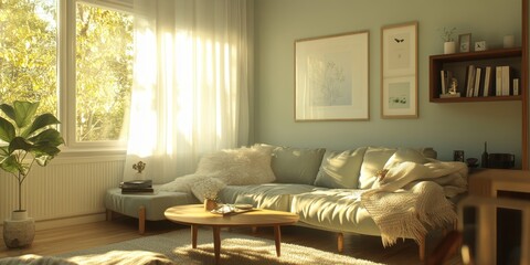 Bright sunny living room interior with a comfortable sofa