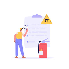 Fire safety control vector illustration. Firefighter inspector checking firefighter equipment, fire extinguisher box, alarm system. Concept of fire fighter inspection checklist, alarm system button