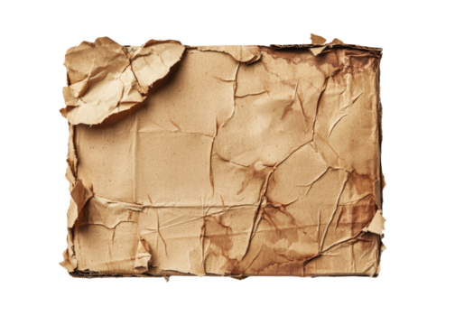 Damaged cardboard box with visible tears and crushed edges, isolated on white
