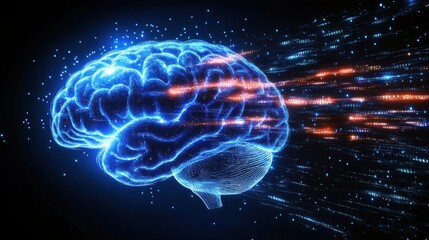 Digital brain glows with energy and data. Artificial intelligence concept shows connections and information. Bright illustration of technology with blue and red lines.