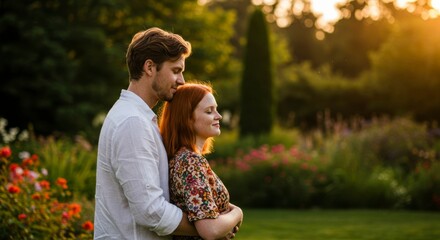 Fototapeta premium Couple Embrace in Garden at Sunset