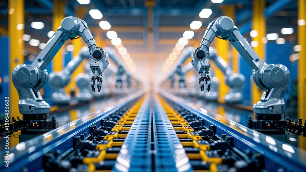 Poster advanced robotic arms at work on a production line in a modern factory setting during the day