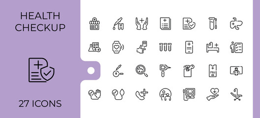 Health Screening line icon. It contains symbols to insurance, pressure, art, diagnosis, hospital, doctor, recover, laboratory. Outline icon collection. Editable stroke. Vector illustration.