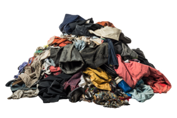 Dirty and disorganized heap of garbage, featuring torn fabric, broken items, and waste, on a white background