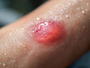 Fototapeta premium A close-up image of an injured arm showing a red, swollen wound adorned with droplets of water.