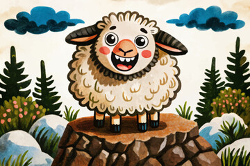funny sheep in beautiful countryside landscape abstract cartoon illustration