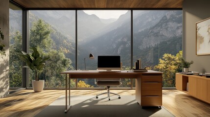 Fototapeta premium Modern home office with mountain view (2)