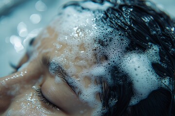 Fototapeta premium Woman washing hair with shampoo, creating rich foam. Refreshing hygiene and self-care concept. Ideal for grooming, haircare, wellness, and personal hygiene promotions 
