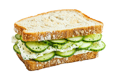 English tea sandwich with thinly sliced cucumbers, butter, and cream cheese on crustless white bread, isolated on a white background