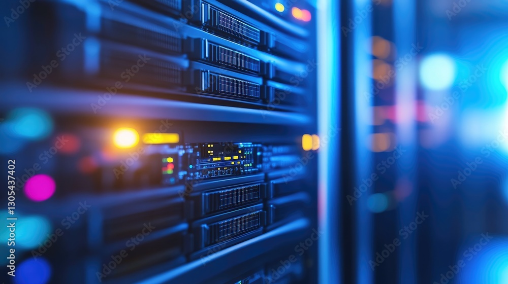 Poster Close-up of a data center with glowing blue and orange server lights, symbolizing cloud computing, cybersecurity, and IT infrastructure. Ideal for technology and digital security themes