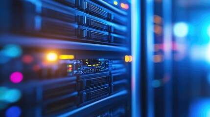Fototapeta premium Close-up of a data center with glowing blue and orange server lights, symbolizing cloud computing, cybersecurity, and IT infrastructure. Ideal for technology and digital security themes
