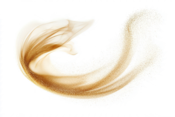 Ethereal sand cloud forming a swirling motion, soft and light, on a white background