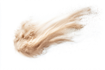 Ethereal sand cloud forming a swirling motion, soft and light, on a white background