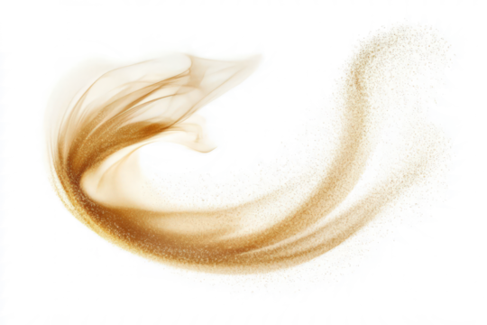 Ethereal sand cloud forming a swirling motion, soft and light, on a white background