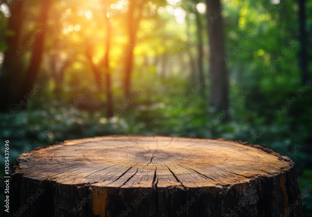Aufkleber sunlit forest scene with tree stump in the foreground and soft focus background of lush green trees 