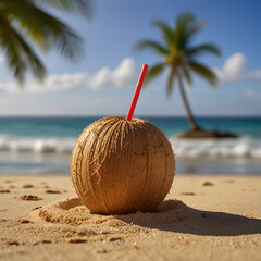 Coconut with Straw Inserted, Sitting on a Beach
