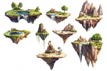 Fantasy  terrain elements, including floating islands, waterfalls, and caves