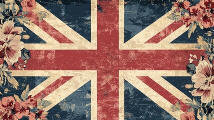 Distressed Union Jack flag with floral accents, symbolizing British heritage with a touch of elegance. Suitable for travel, history, culture, or design projects.