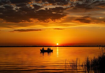 Sunset Serenity: Three Silhouettes in a Boat on a Golden Lake