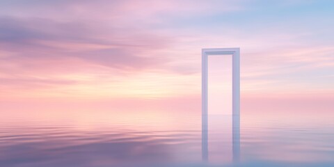 Surreal Doorway Floating on Calm Water  
