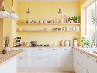 A bright and modern kitchen interior with yellow walls and decor