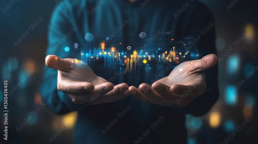Poster businessman holds data-driven tech insights. modern digital graphs, numbers float in hands. informed