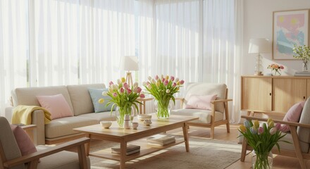 Bright Living Room with Tulips and Natural Light in Home Interior