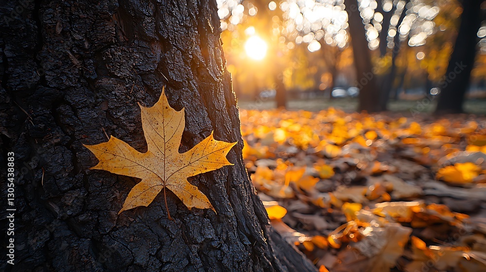 Poster sunlight shines through fall foliage with a golden leaf near a tree in the park