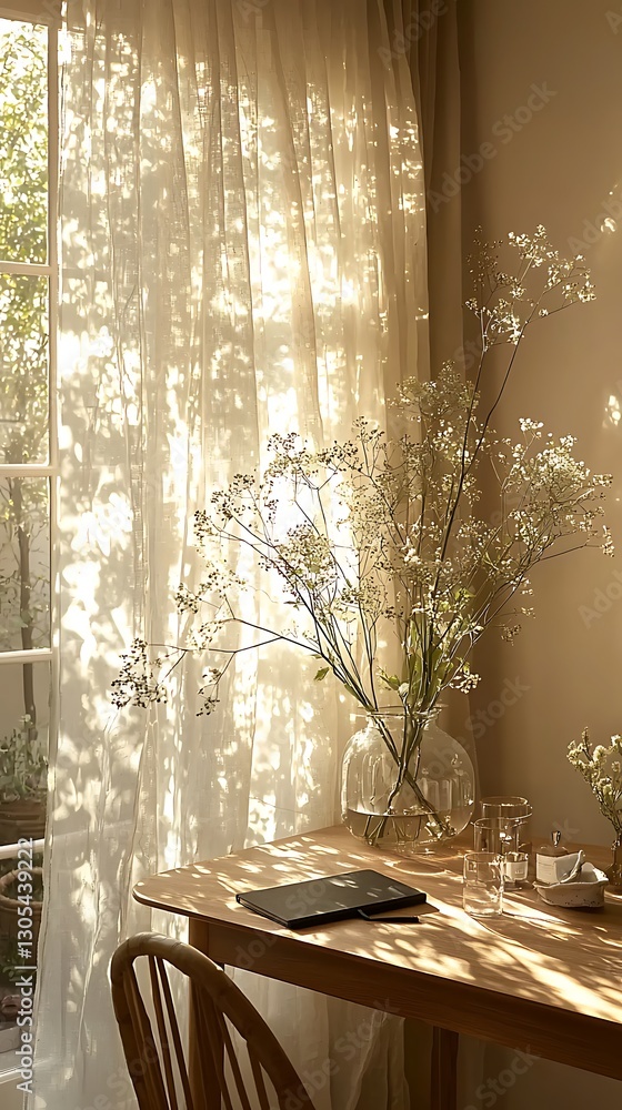 Poster Sunlight streams through sheer curtains