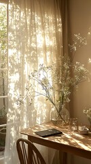 Sunlight streams through sheer curtains