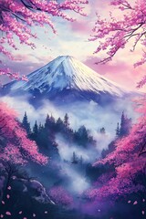 Breathtaking painting of Mount Fuji surrounded by vibrant cherry blossoms in full bloom, with misty forests creating a dreamy and serene atmosphere