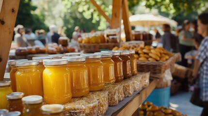 Rustic market stand displaying fresh honey jars, granola bars, and baked goods under natural sunlight, with people browsing in the background