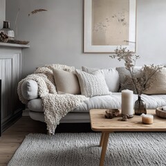 A cozy living room showcases comfortable neutral toned furniture and decor