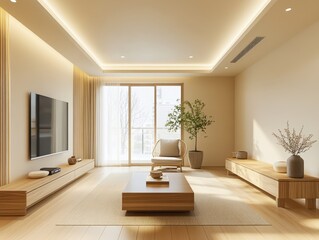Fototapeta premium A Modern Living Room Interior Design Emphasizing Neutral Tones and Light