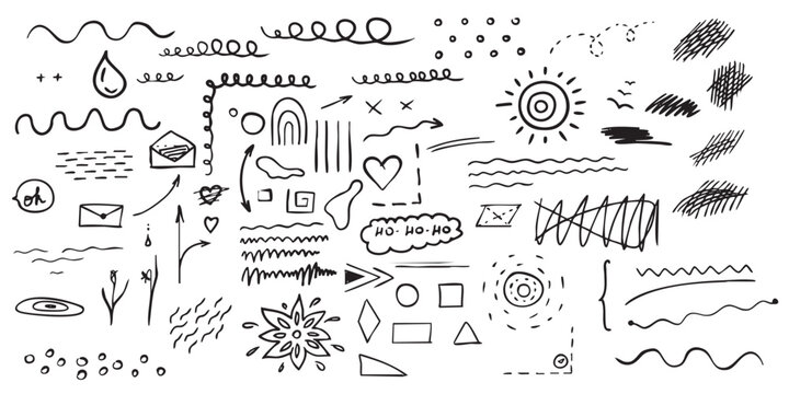 Set Pencil doodls auxiliary elements: Line and Shape Play, Squiggles and Scribbles, Circles and Dots, Waves and Undulations, Triangles and Squares, Arches and Ovals, Drips and Drops, Organic Blobs