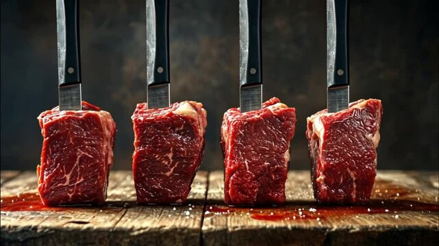 Raw beef cubes on wooden table, ready for cooking