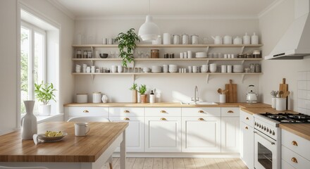 Bright Modern Kitchen with Open Shelves and Wooden Countertops Design