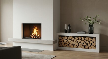 Burning Fireplace with Stacked Firewood Creating Warm and Cozy Living Space