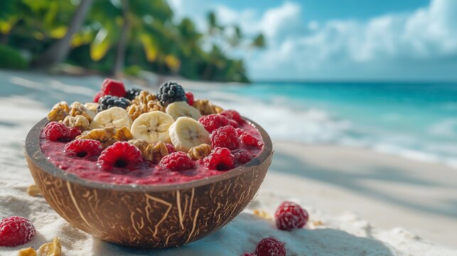Delicious Tropical Smoothie Bowl Beach Summer Raspberries Banana Walnuts Coconut Bowl Healthy Food Vacation Exotic Fruit Dessert Refreshing Summertime