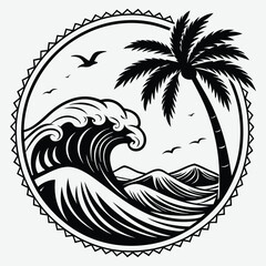 Waves and palm tree silhouettes within a circular retro frame silhouette design  vector art and illustration