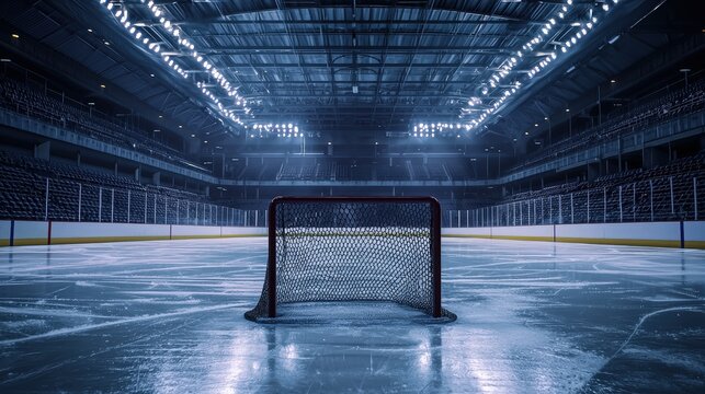 Empty ice hockey rink with a goal net, under bright stadium lights, depicting anticipation and preparation for the upcoming game. Ideal for sport advertising.